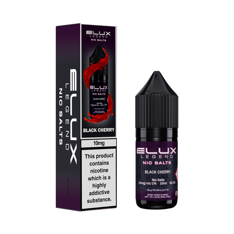 Ellux Legend Nic Salts Black Cherry vape juice packaging on a white background