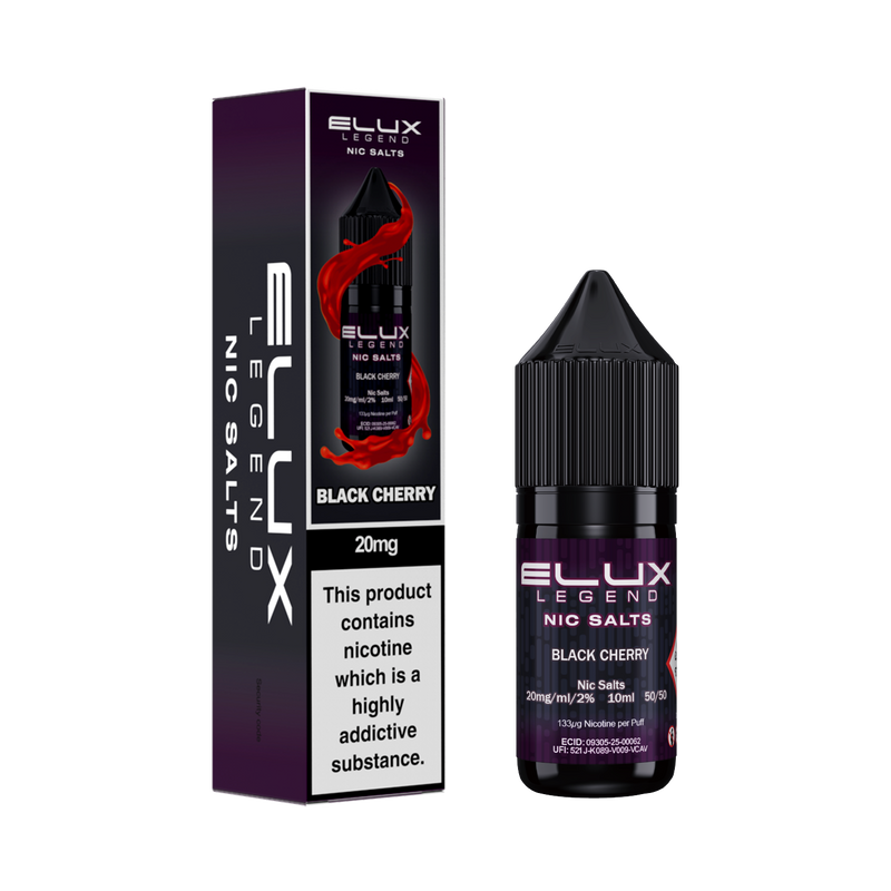 Ellux Legend Nic Salts Black Cherry e-liquid bottle and packaging on a white background