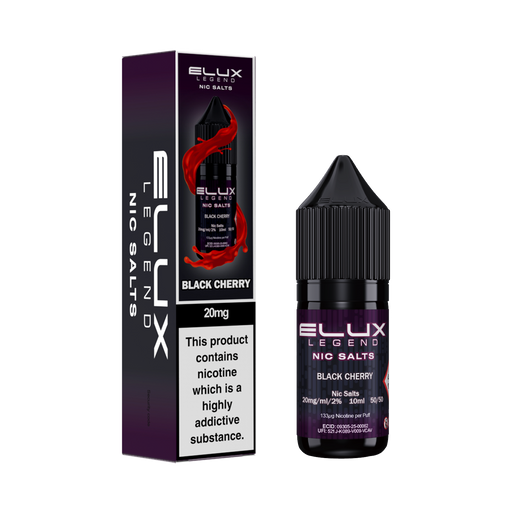 Ellux Legend Nic Salts Black Cherry e-liquid bottle and packaging on a white background