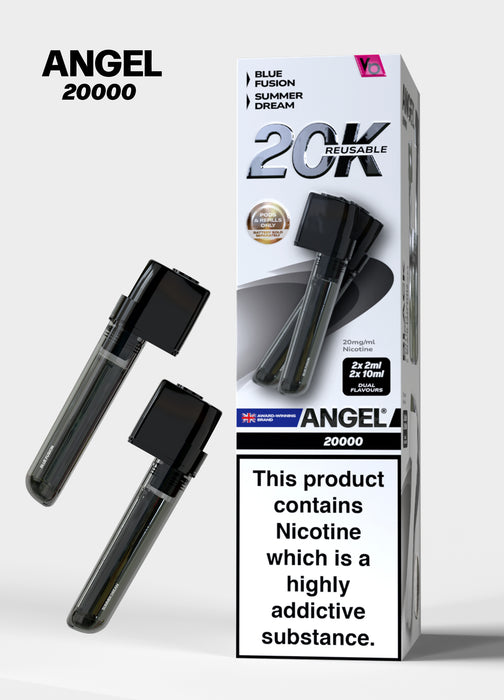 Packaging of Angel 20000 vape with nicotine warning label on a white background Black Edition
