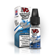 A 10ml bottle of IVG Original Salts Blue Blaze 10mg  e-liquid next to its retail packaging box, both featuring a white and blue design with a prominent nicotine warning label.