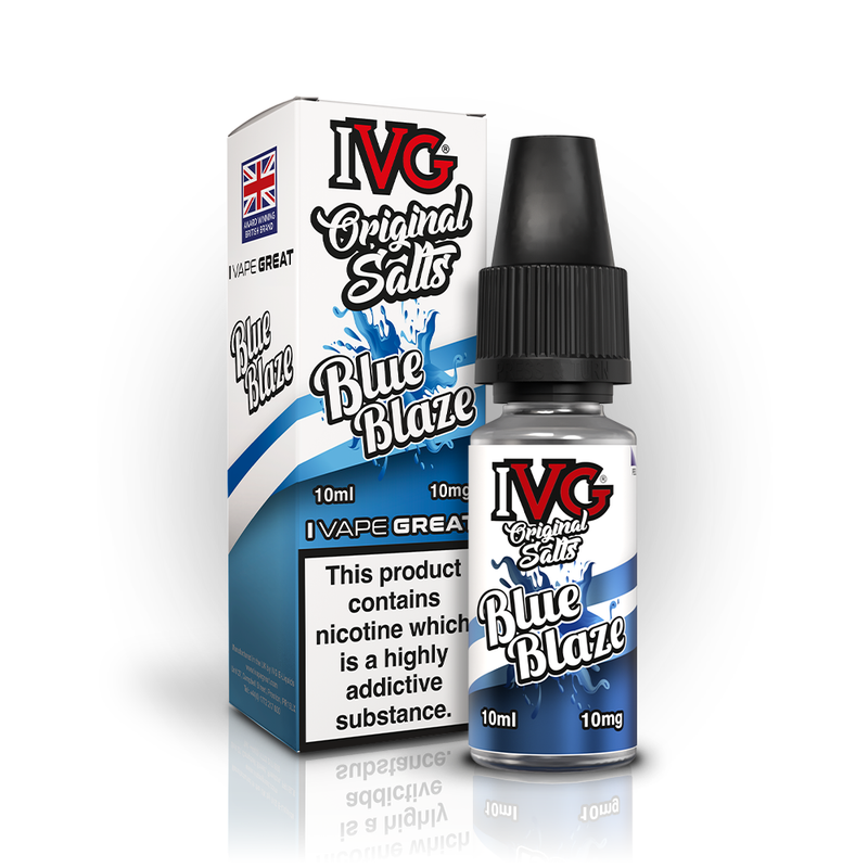 A 10ml bottle of IVG Original Salts Blue Blaze 10mg  e-liquid next to its retail packaging box, both featuring a white and blue design with a prominent nicotine warning label.