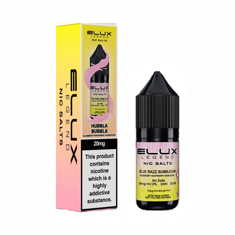 Elux Legend Nic Salts Hubbla Bubbla vape juice bottle and packaging on a white background