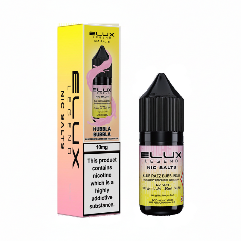 Elux Legend Hubbla Bubbla nicotine salt bottle and packaging on a white background