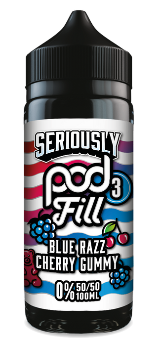 E-liquid bottle with 'Seriously Pod Fill' branding and flavor 'Blue Razz Cherry Gummy'.