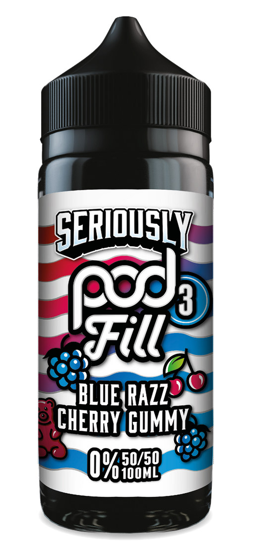 E-liquid bottle with 'Seriously Pod Fill' branding and flavor 'Blue Razz Cherry Gummy'.