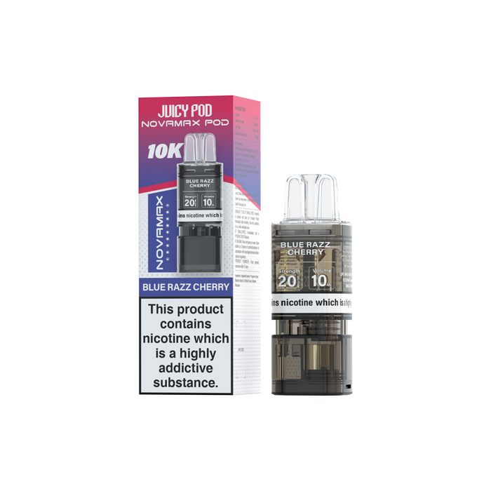 Juicy Pod Novamax pod Blue Razz Cherry packaging with nicotine warning label on a white background