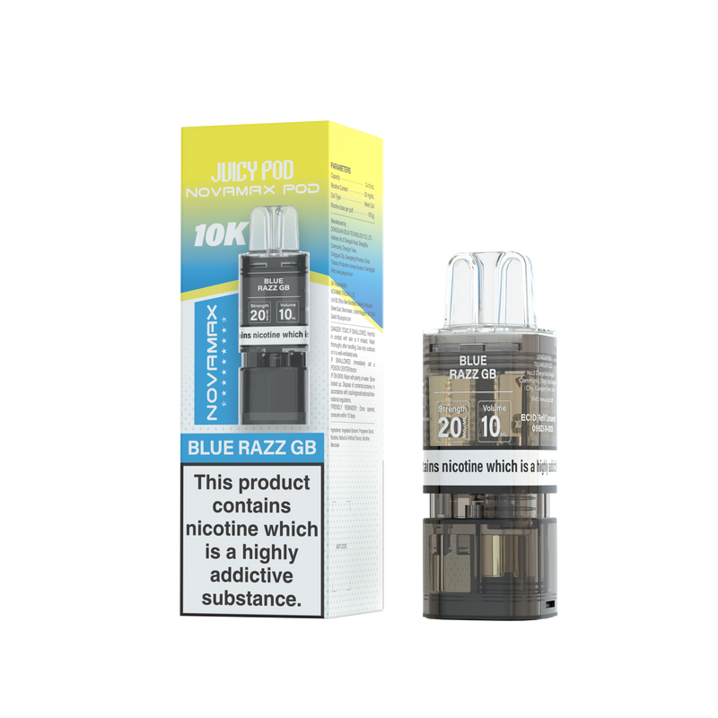 Juicy Pod Novamax vape pod with packaging on a white background Blue Razz GB