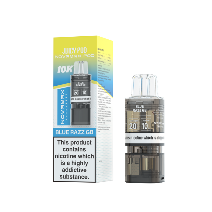 Juicy Pod Novamax vape pod with packaging on a white background Blue Razz GB
