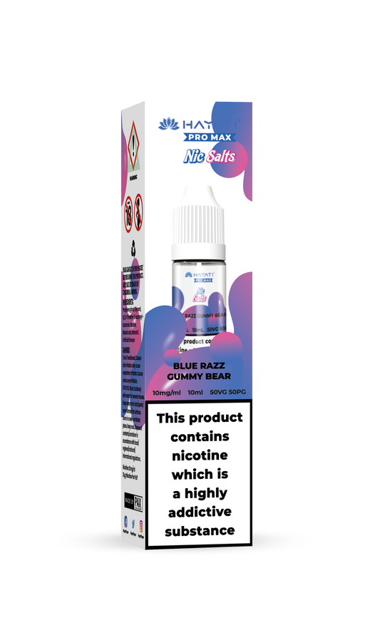 Hayati Pro Max Blue Razz Gummy Bear 10mg Vape juice packaging with colorful design on a white background