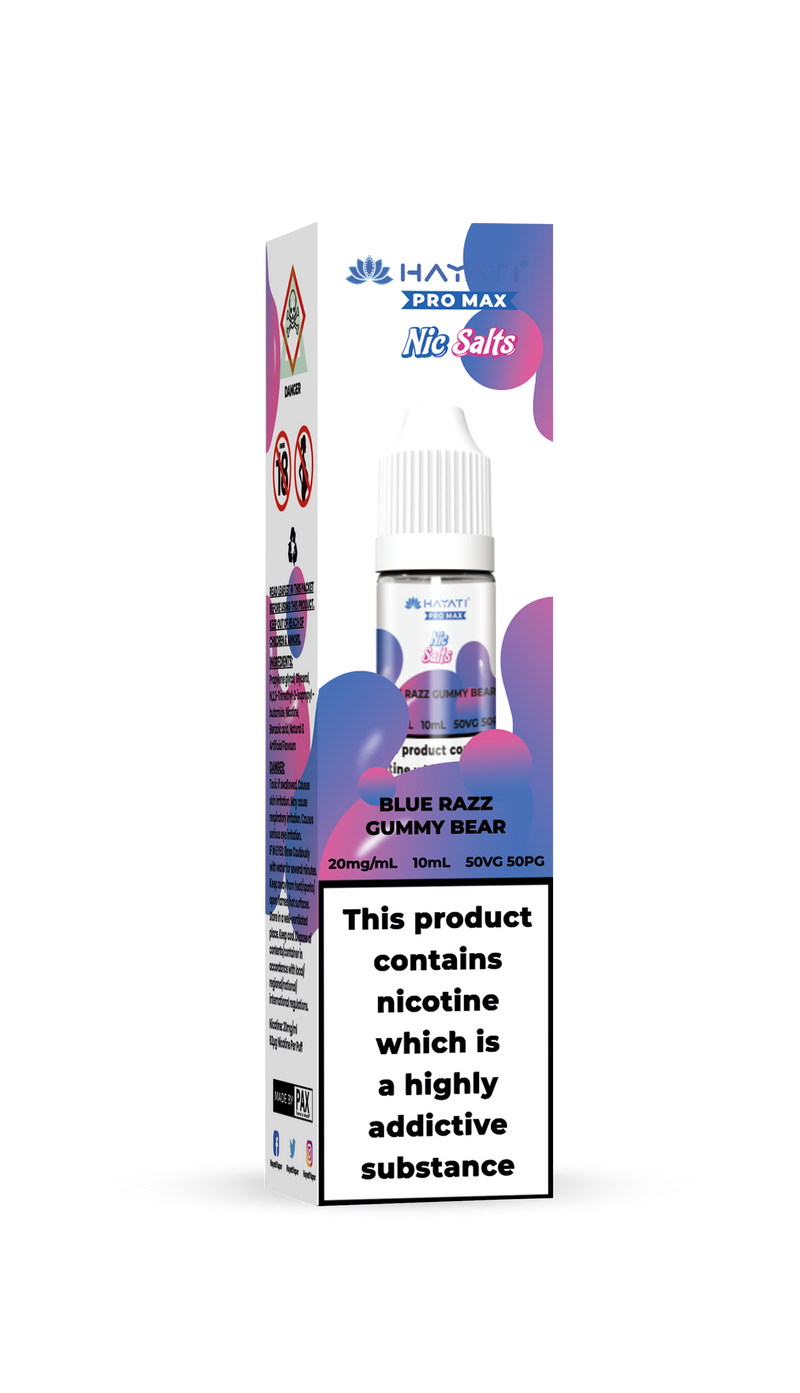 Hayati Pro Max Blue Razz Gummy Bear 20mg Vape juice packaging with blue and pink design on a white background