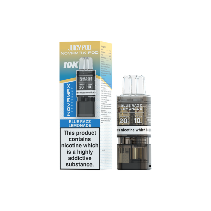 Juicy Pod Novomax vape pod with packaging on a white background Blue Razz Lemonade