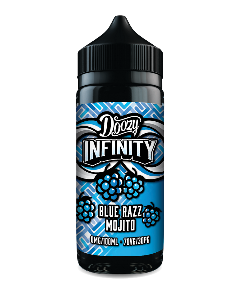 100ml Doozy Infinity Shortfill – Blue Razz Mojito flavour vape juice, 70/30 VG/PG blend with fruity minty profile
