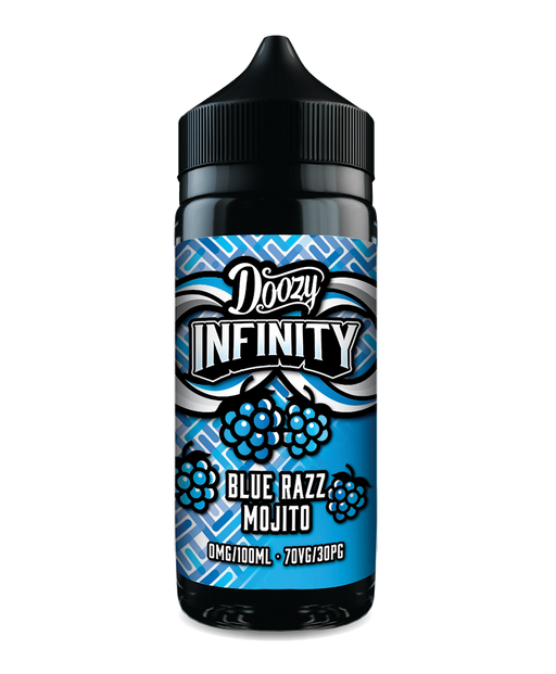 100ml Doozy Infinity Shortfill – Blue Razz Mojito flavour vape juice, 70/30 VG/PG blend with fruity minty profile