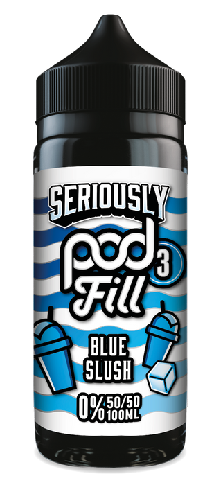 Vape Juice with 'Seriously Pod Fill' branding on a blue and white striped background