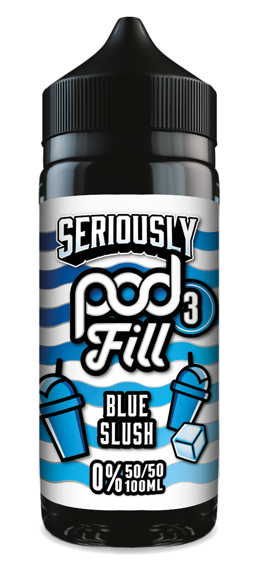 Vape Juice with 'Seriously Pod Fill' branding on a blue and white striped background
