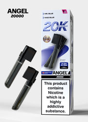 Packaging of Angel 20000 vape with nicotine warning label on a white background Blue Edition