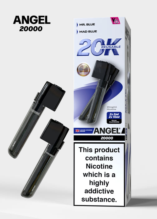 Packaging of Angel 20000 vape with nicotine warning label on a white background Blue Edition