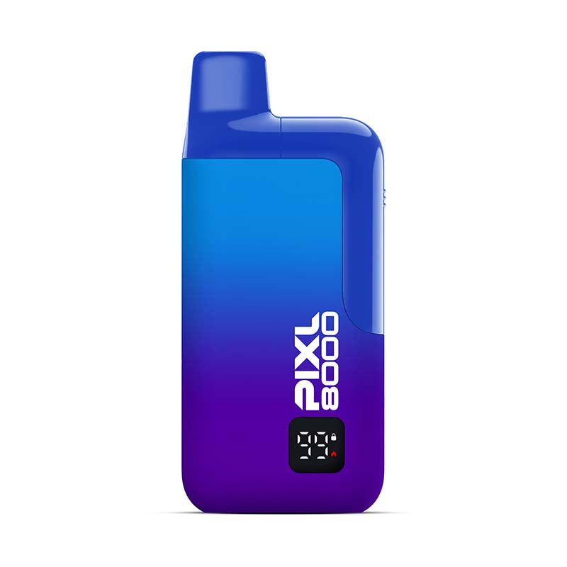 Blue and purple vape device with 'Pixl 8000' branding on a white background