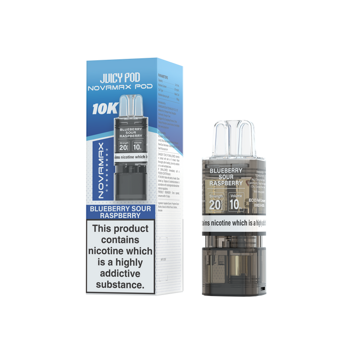 Novamax vape pod with packaging on a white background Blueberry Sour Raspberry