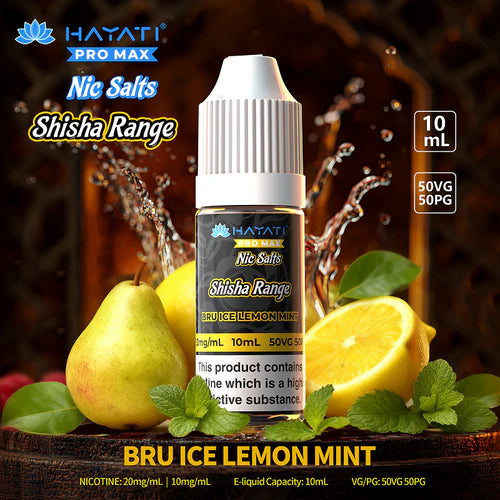 E-liquid bottle with pear, lemon, and mint leaves on a wooden background