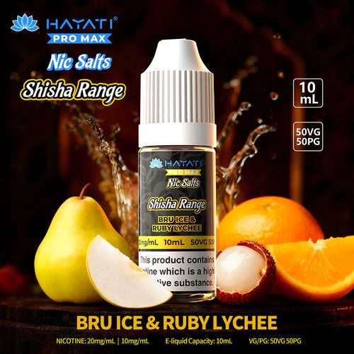 Lychee and pear with vape liquid on black background with Hayati logo