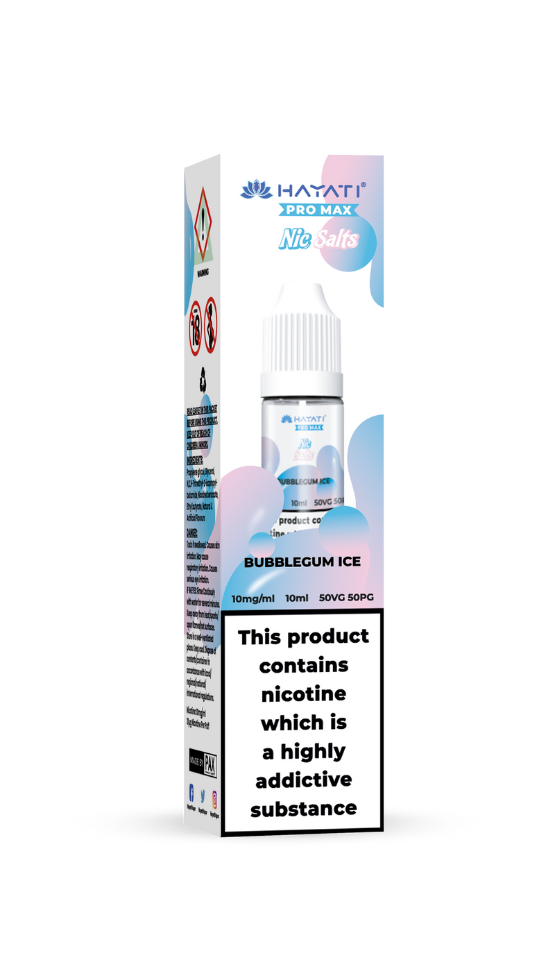 Hayati Pro Max vape juice packaging with nicotine warning label on a white background bubblegum ice 10mg