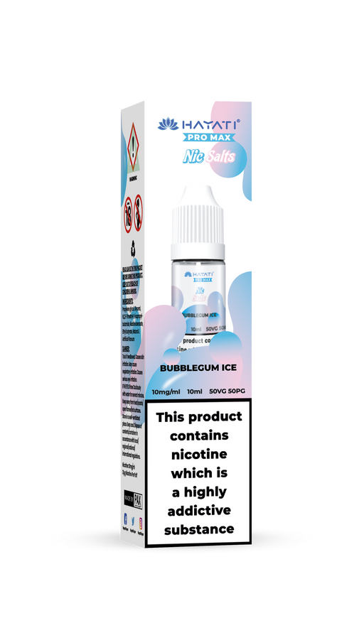 Hayati Pro Max vape juice packaging with nicotine warning label on a white background bubblegum ice 10mg