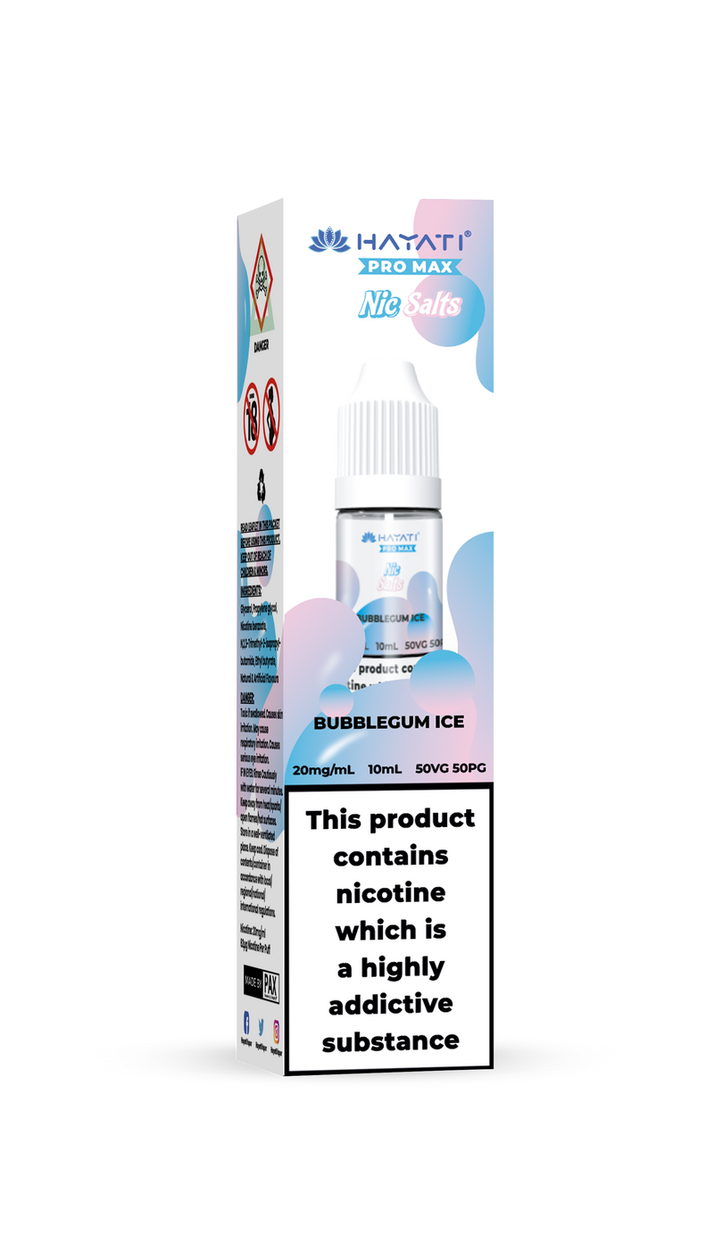 Hayati Pro Max vape juice packaging with nicotine warning label on a white background bubblegum ice 20mg