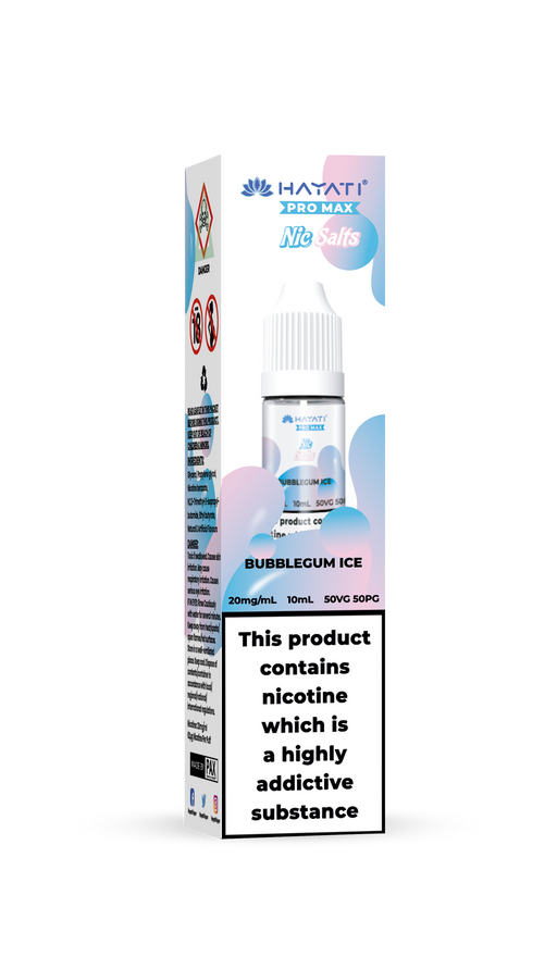Hayati Pro Max vape juice packaging with nicotine warning label on a white background bubblegum ice 20mg