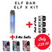 Elf Bar Elf X Kit with vape pen, pods, and nicotine salts on a white background