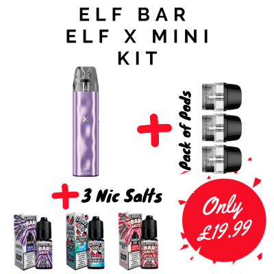 Elf Bar ELF X Mini Kit with vape device, pods, and nicotine salts on a white background
