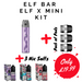 Elf Bar ELF X Mini Kit with vape device, pods, and nicotine salts on a white background
