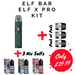 Elf Bar ELF X Pro Kit with vape device, pods, and nicotine salts on a white background