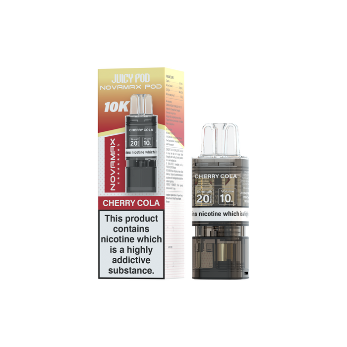 Juicy Pod Novamax pod for vaping devices with cherry cola flavor on a white background