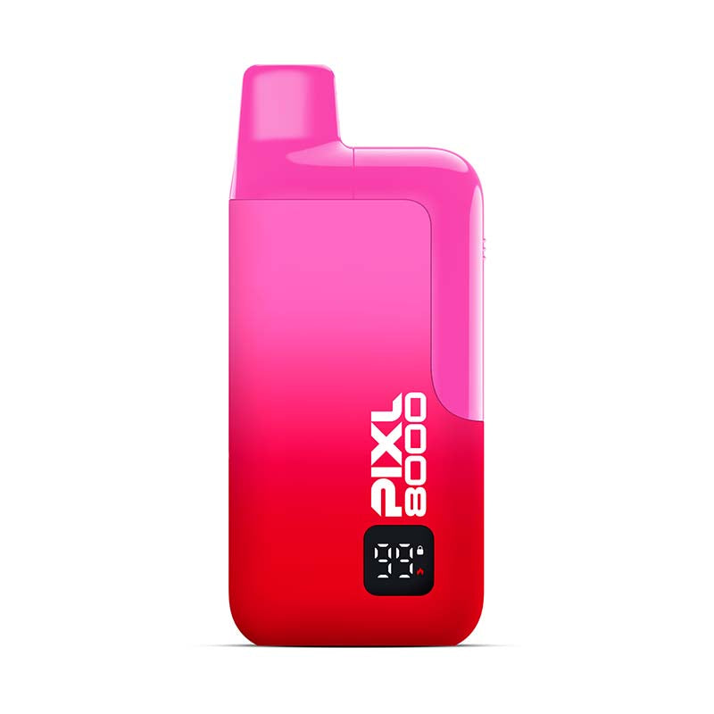 Pink and red vape device with 'Pixl 8000' branding on a white background