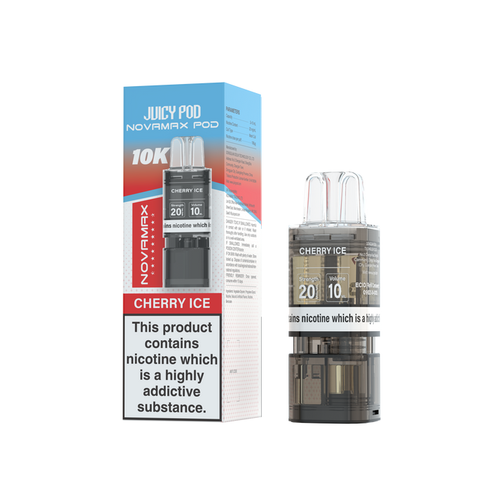E-liquid pod Cherry Ice Juicy Pod with packaging labeled 'Novamax' on a white background