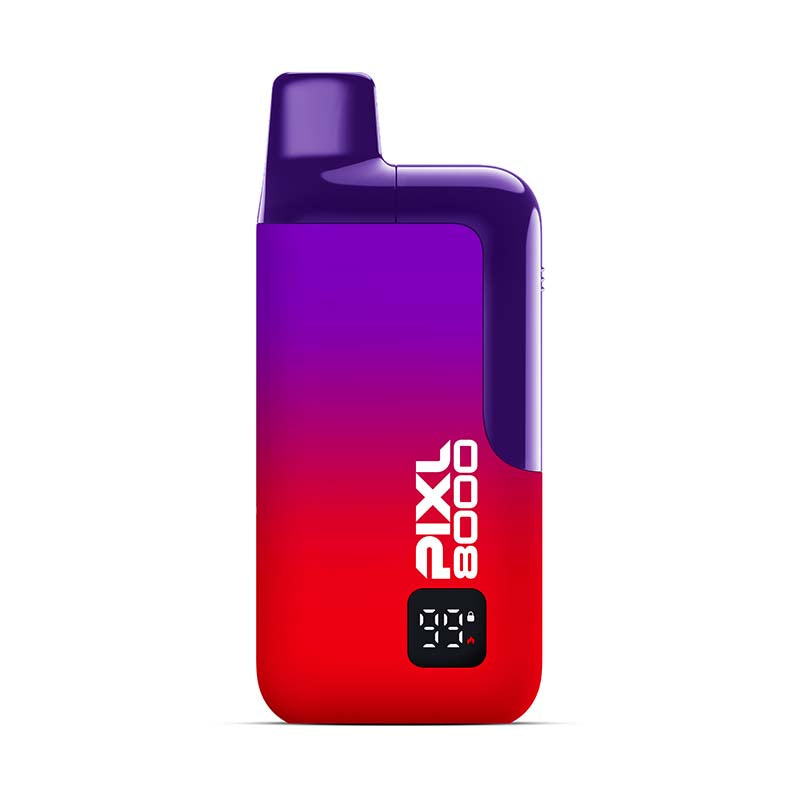 Gradient red to purple vape device with 'Pixl 8000' branding on a white background
