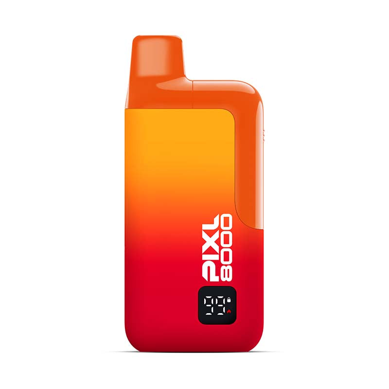 Orange and red vape device with 'Pixl 8000' branding on a white background