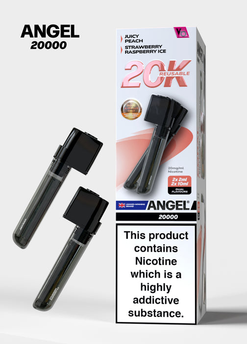 ANGEL 20000 vape device packaging with two black vapes and a strawberry raspberry ice flavor box on a white background.