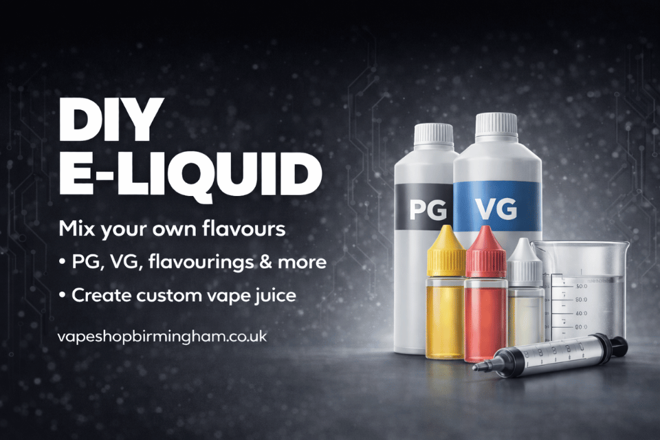 Promotional graphic for DIY e-liquid mixing, showing two large bottles labeled PG and VG, two small dropper bottles in yellow and red, a measuring beaker, and a syringe on a dark textured background with text reading 'DIY E-LIQUID' and 'vapeshopbirmingham.co.