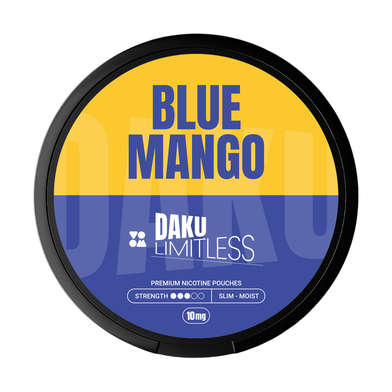 Daku branding on yellow and blue brand with blue mango flavour writing nicotine pouch 
