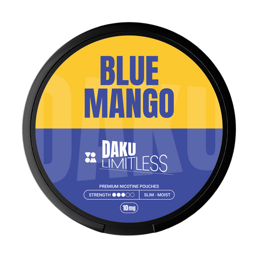Daku branding on yellow and blue brand with blue mango flavour writing nicotine pouch 