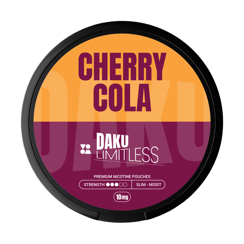 Daku branding on orange and burgundy brand with cherry cola flavour writing nicotine pouch 