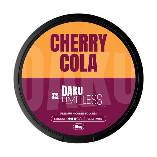 Daku branding on orange and burgundy brand with cherry cola flavour writing nicotine pouch 