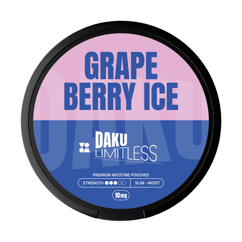 Daku branding on pink and blue brand with grape berry ice flavour writing nicotine pouch 