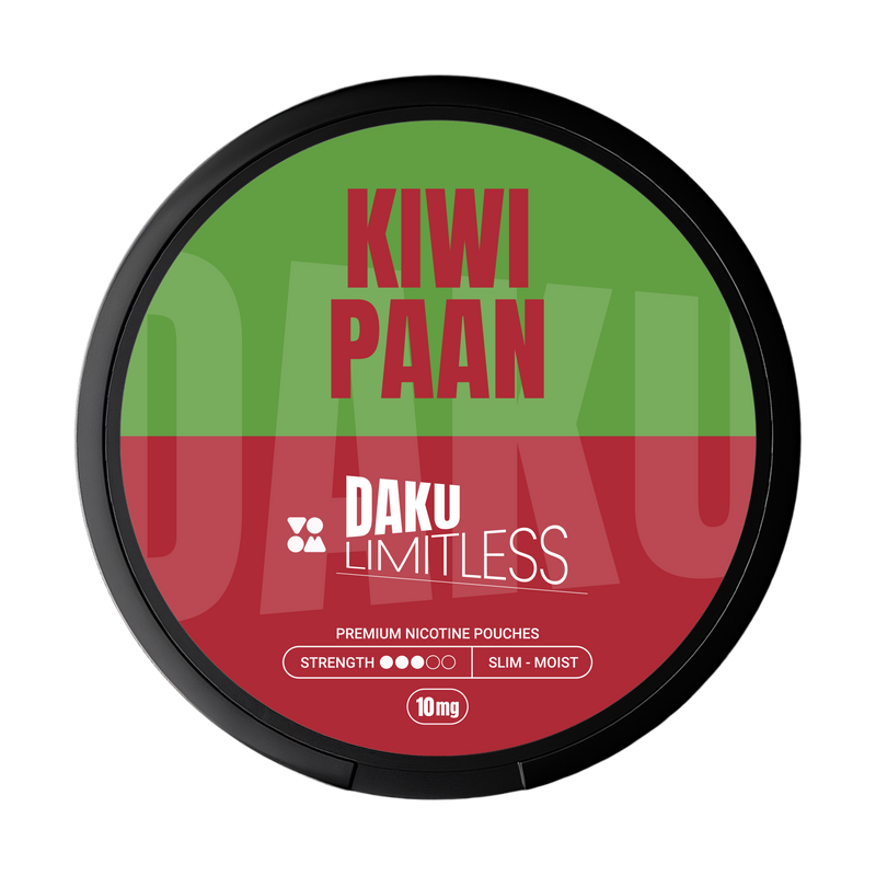 Daku branding on green and burgundy red brand with kiwi paan flavour writing nicotine pouch