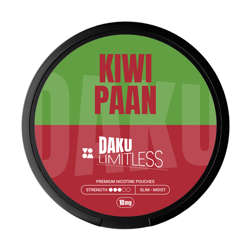 Daku branding on green and burgundy red brand with kiwi paan flavour writing nicotine pouch