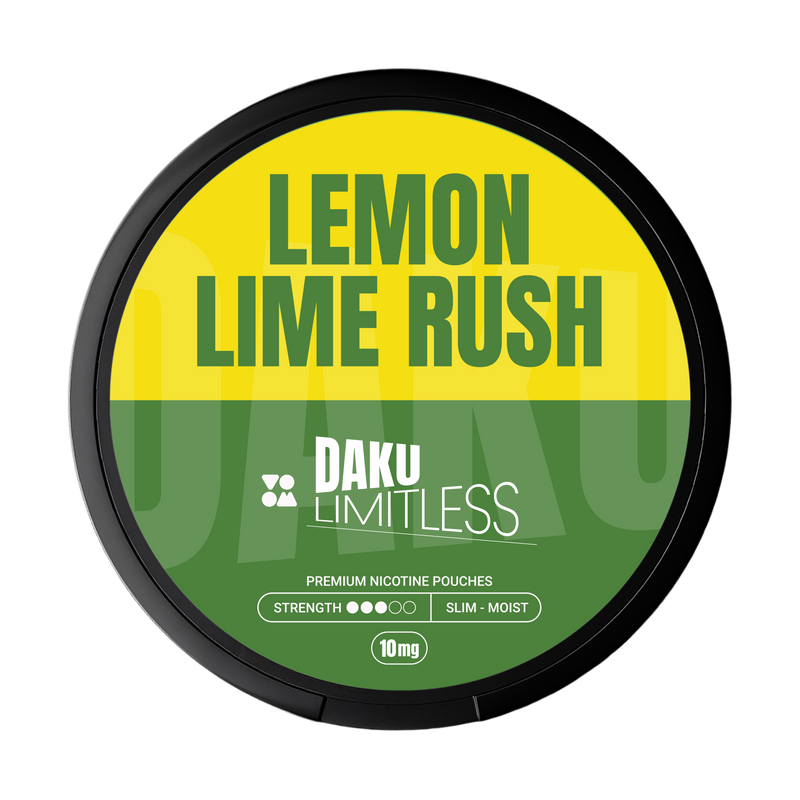Daku branding on yellow and green brand with lemon lime rush flavour writing nicotine pouch 