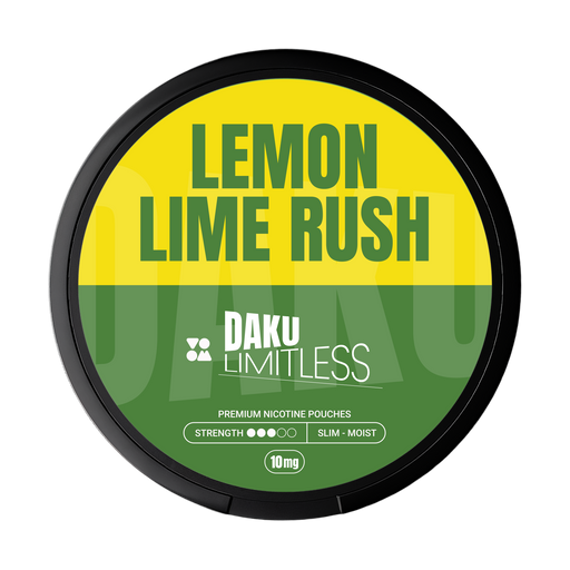 Daku branding on yellow and green brand with lemon lime rush flavour writing nicotine pouch 